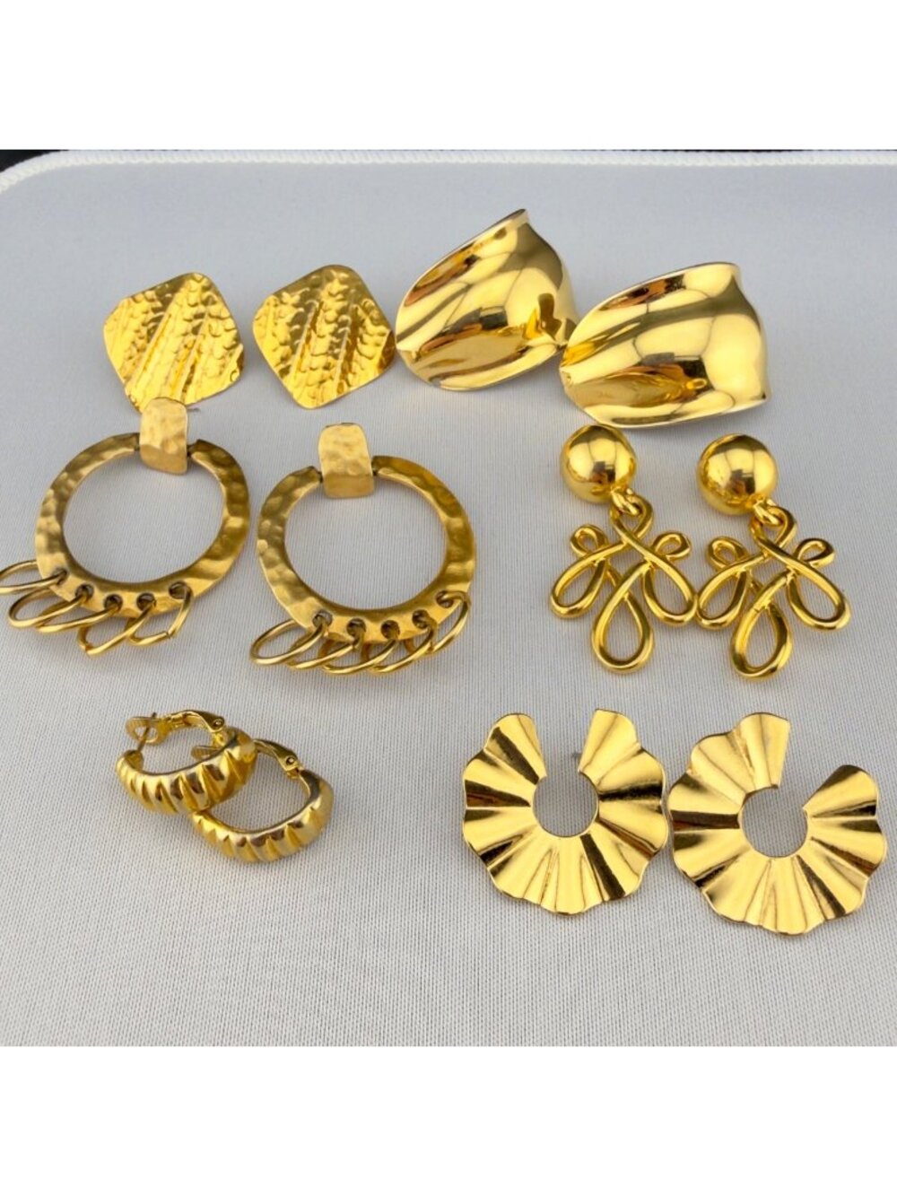 Retro Chunky Gold Tone Earrings Set Of 6 Textured Polished 80s 90s Drop